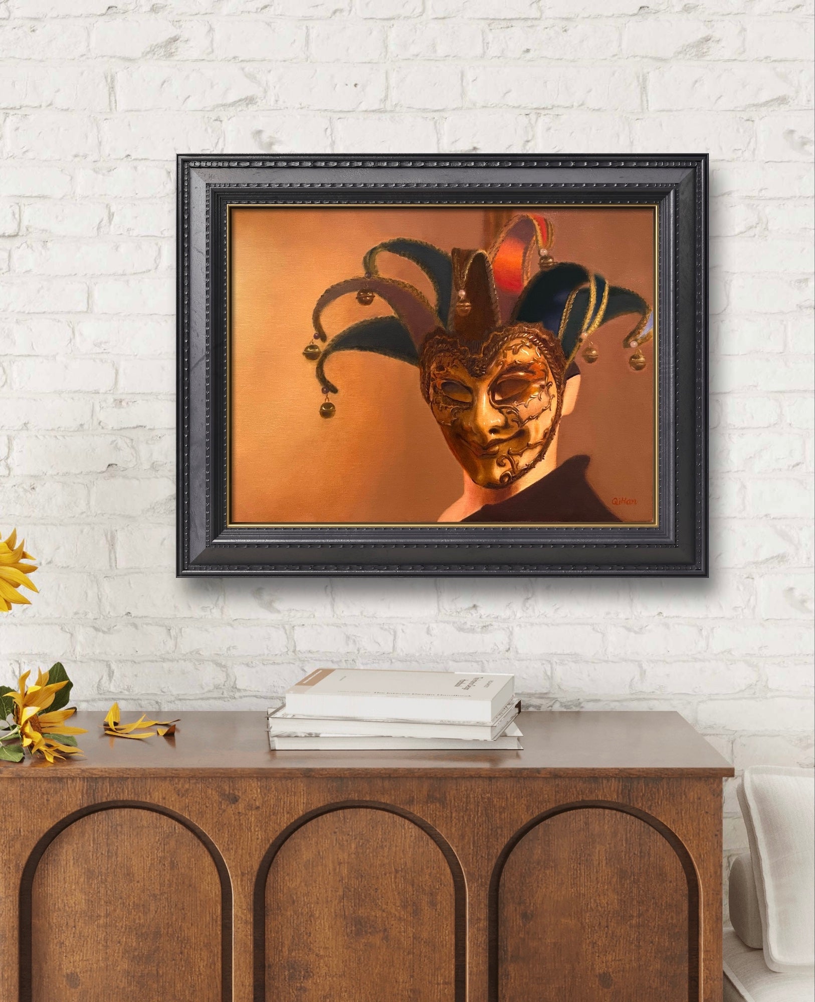jester oil painting by artist qi han above a table